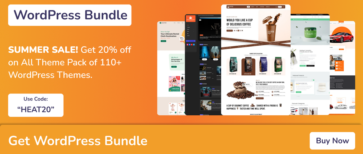 WordPress bundle banner with summer sale 20% off and coupon code HEAT20