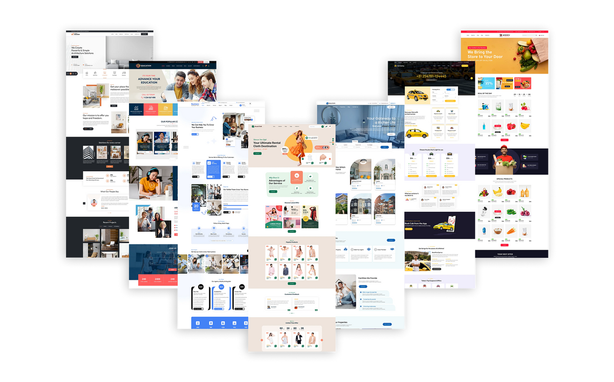 Collage of website template demo screenshots for business and ecommerce layouts